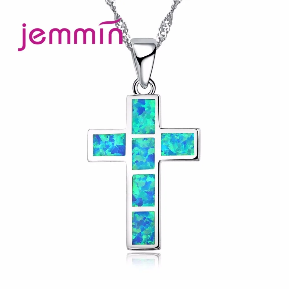 

Jemmin Hot Women Cross Pendants Necklaces With Blue Fire Opal Stone S90 Silver Color Chokers Necklaces For Anniversary Party