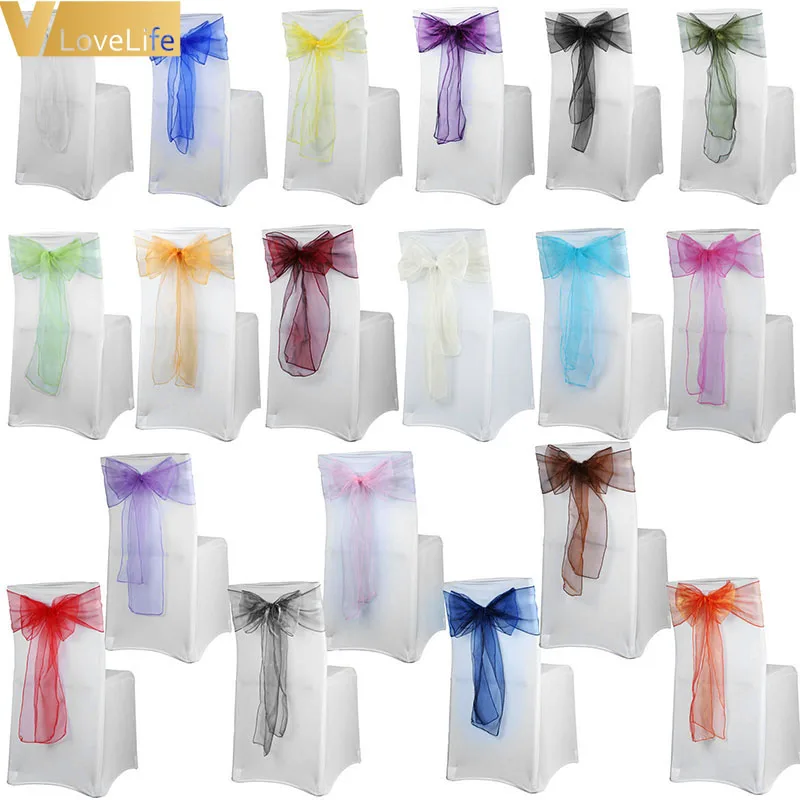 

50Pcs 18x275cm Ribbon Organza Chair Cover Belt Knot Chair Many Colors Covers Wedding Party Decoration Supplies