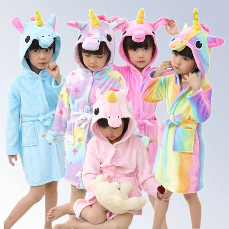 2019 Kids Boys Girls Bathrobes Flannel Hooded Cartoon Pegasus Children Towel Robes Autumn Winter Baby Clothes Sleepwear4-12Year