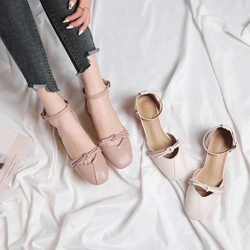 

Retro Closed Toe Mary Jane Shoe Summer New Style Chunky Heel Sandals Women Solid Ankle Strap Middle Heel Single Shoes Large Size
