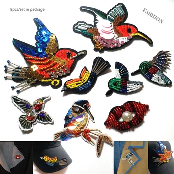 

8pcs/set DIY Handmade birds sequins beaded Patches for clothes Embroidery iron on mouth patch appliques for hats bags jeans