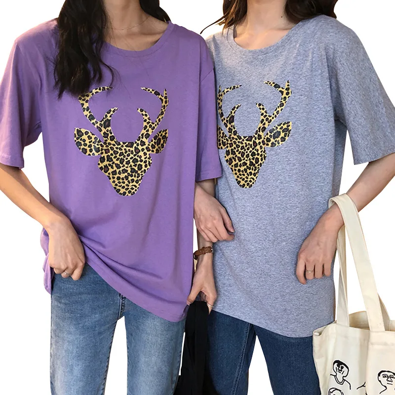 

Sika deer print T-shirt for women short-sleeved 2019 new instagram style loose spring all-matching short-sleeved top