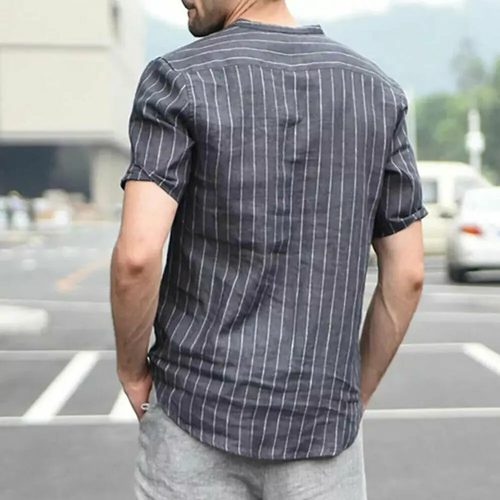 Hot Summer Men s Shirts Linen V Neck Short Sleeve Striped Basic Pullover Gray Slim Tee 2