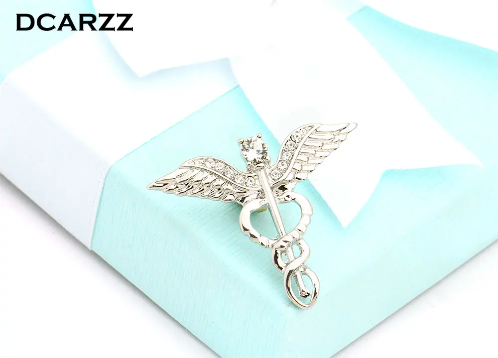 Gold Color Caduceus Pin Medical Jewelry Gift for Doctor/Nurse/Medical Student Rod Of Asclepius Emergency Crystal Brooch Fashion Jewelry