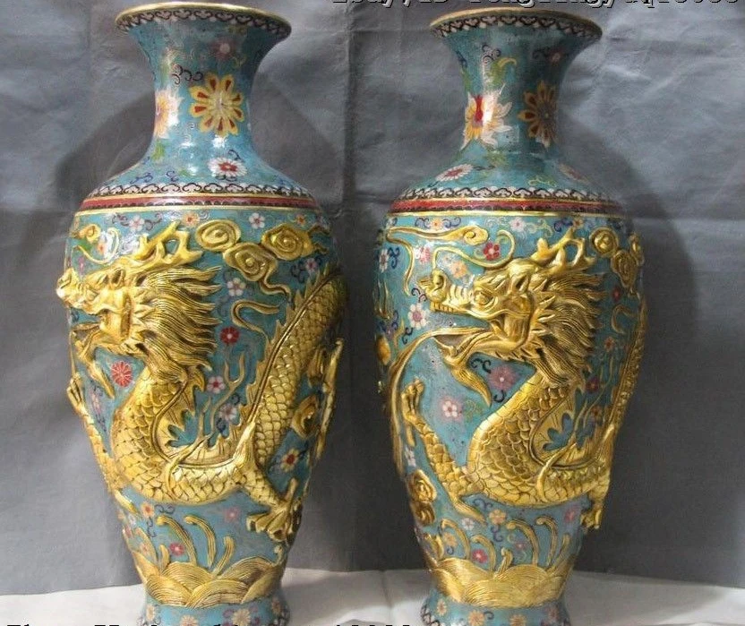 

Chinese Wire Inlay Cloisonne Enamel Pure Bronze Gild Dragon Play Bead Vase Pair