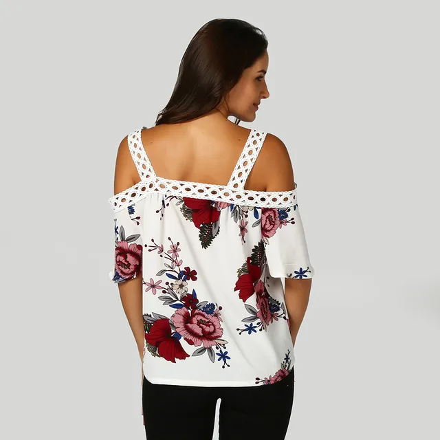 2019 Women Sexy Lace Cold Shoulder Floral Blouses Tops Summer Top Casual Loose Short Sleeve Blouse Female Shirts Blusa Plus Size 5