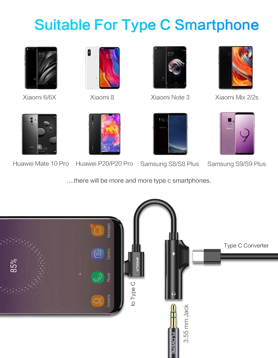 FLOVEME 2 в 1 usb type C до 3,5 мм разъем для наушников адаптер для samsung huawei Aux аудио зарядное устройство адаптер для Xiaomi Redmi Note 7