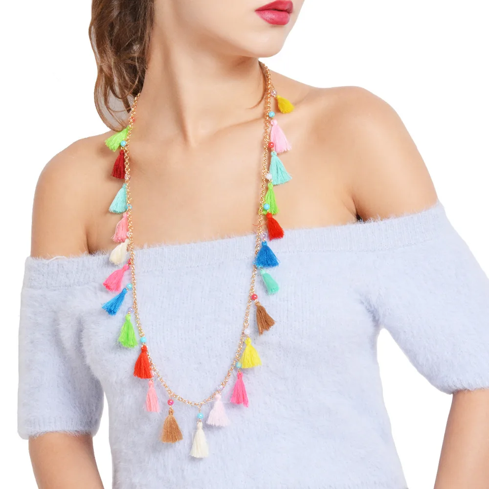 

Ethnic Fashion Cotton Tassel Pendant Long Necklace Handmade Colorful Beads for Women Statement Necklace Jewelry