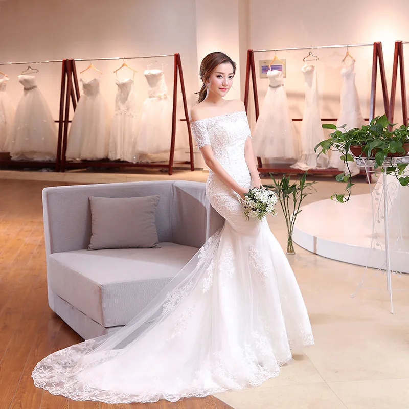 

Gorgeous Diamonds Satin Bride Dresses Women Elegant Slash Neck Bandage Long Tail Sexy Lace Floral Mermaid Dress High Quality