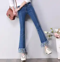 Новая высокая талия джинсовые края с бахромой женские Капри flare Штаны узкие джинсы