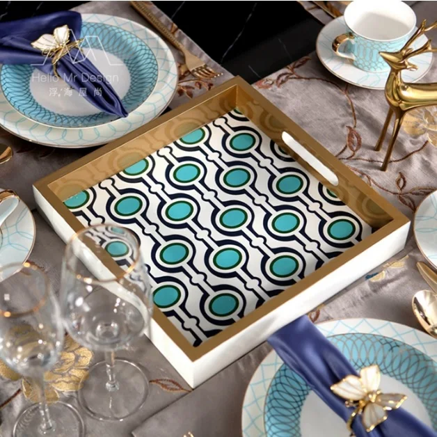 Wood Serving Plate with Blue Peacock Feather Pattern Enamel