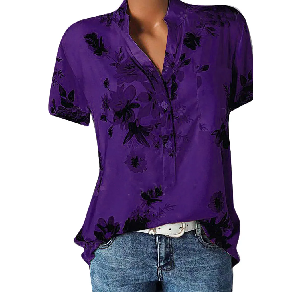 Женщины с цветочным принтом блузка рубашка с коротким рукавом блузка на пуговицах рубашки с v-образным вырезом Повседневные топы блузки Сексуальные женские блузки рубашка мода плюс размер 5XL