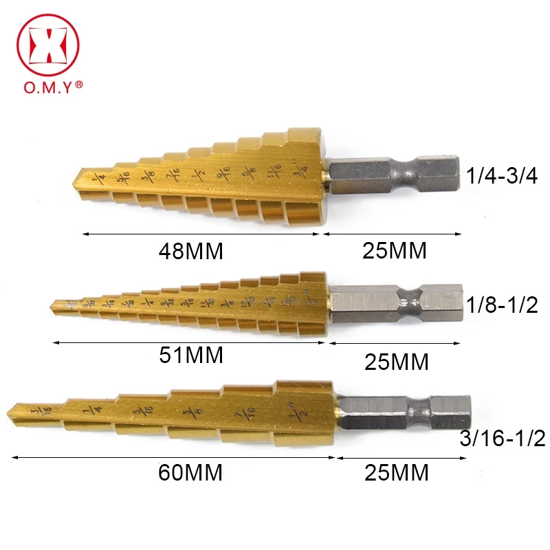 

3PCS Steel Titanium Coated Step Drill Bit Quick-change 1/4" Hex Shank Step Cone Drill Bit Hole Cutter w/ Bag