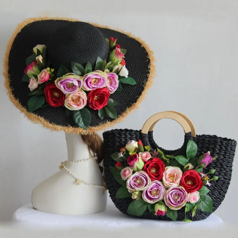 

Original handmade Hepburn style hat sunscreen big brim straw hat excursion seaside photo holiday beach hat Black
