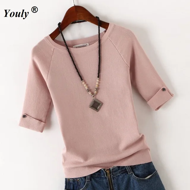 Half Sleeve Pullover Sweater Cotton knit Top women 2020 Casual Tees Shirt ladies Round Neck slim winter Bottoming tops Plus Size 1