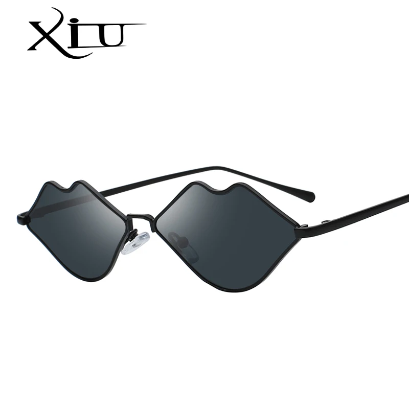 

XIU 2018 pink lip sunglasses women small frame 2019 yellow pink vintage sun glasses female fashion party gift uv400 metal frame