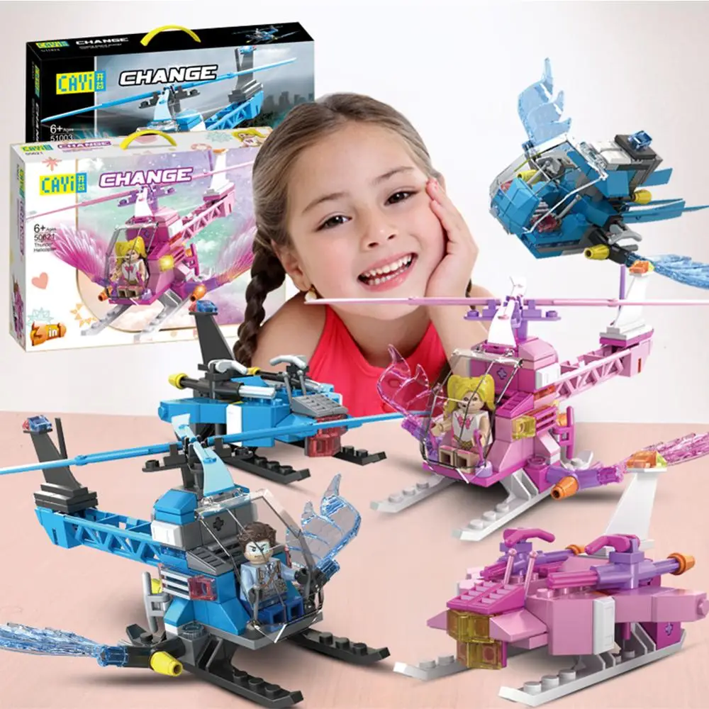 

Helicopter with wings Building Block Model Pink Blue Three changes Bricks figures small particle Desktop toys for Children gift