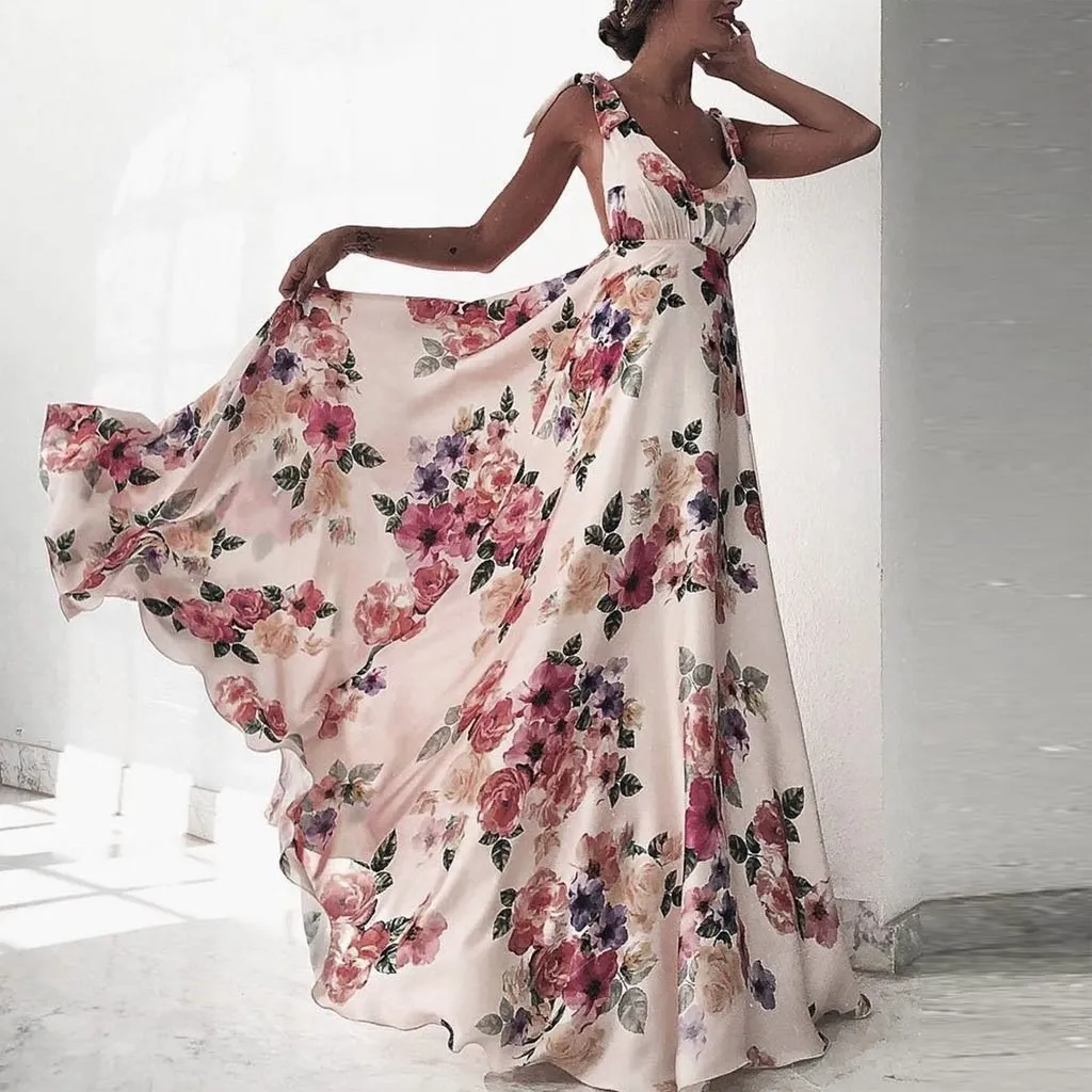 

2018 Summer Deep V-Neck Maxi Women Dress Sexy Spaghetti Strap Long Sundress Boho Floral Print Backless Beach Dresses