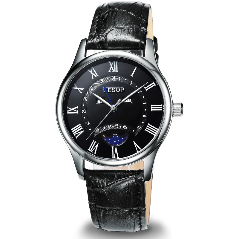 AESOP thinness 9 mm classic style Watch Men Quartz Moon Phase Male Clock Genuine Leather Relogio Masculino hour new arrival - Цвет: 8848 black black