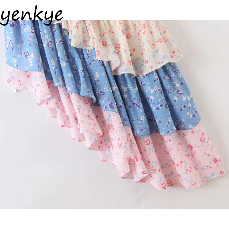 Patchwork Floral Print Holiday Boho Skirt Women Layered Ruffle Asymmetric Cake Skirt Elegant Lady High Waist Summer Skirt