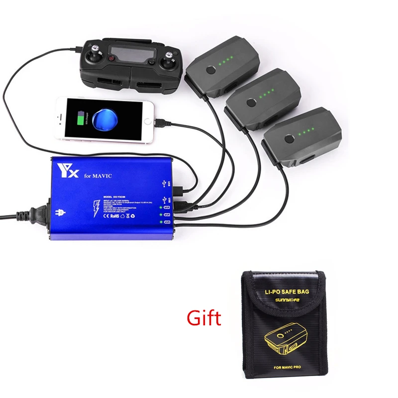 

for DJI Mavic Pro 5in1 Smart Battery Charger EU US Parallel Charging Remote Controller + USB Smartphone + 3pcs Batteries