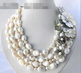 

Wholesale FREE SHIPPING >>>> 4Strands 18'' 13mm White Round Baroque Freshwater Pearl Shell Flower Necklace