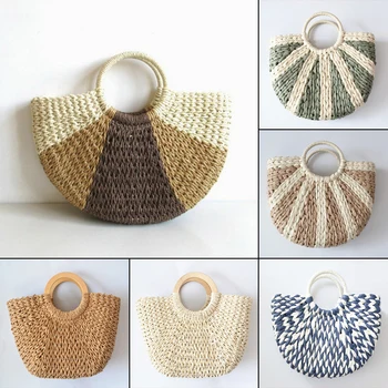 

2020 Handmade Cotton Linen Beach Bag Weaving Bamboo Bag Wood Top-handle Handbags Ladies Round Straw Bag Moon Shaped Wrapped Bags