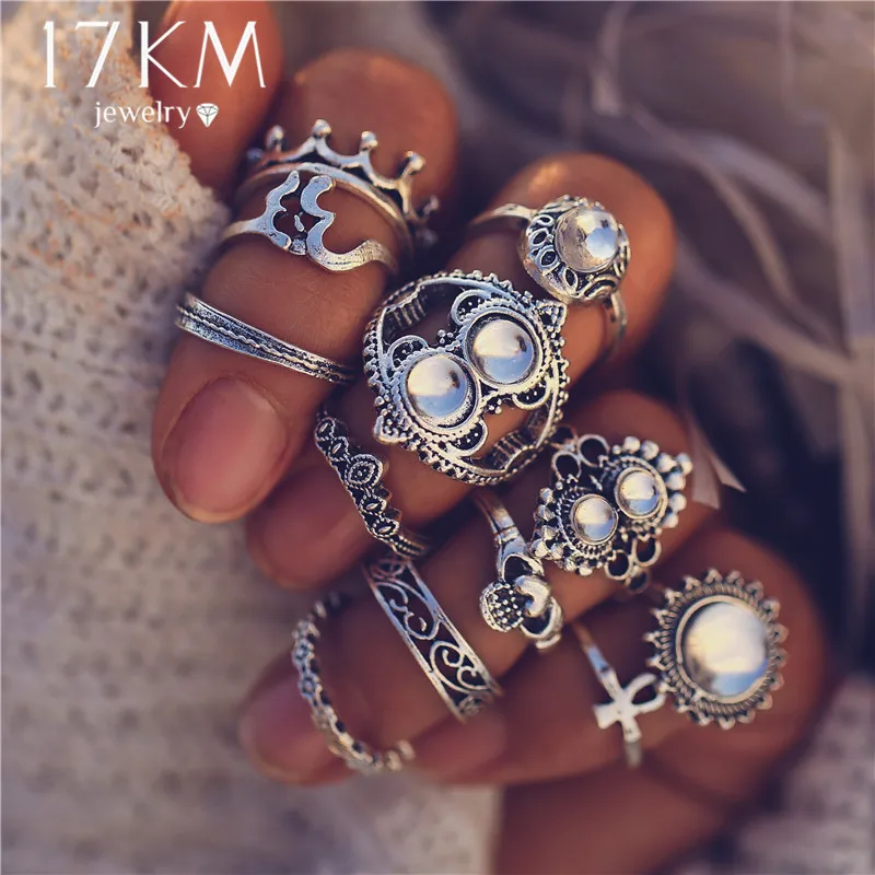 Boho Vintage OM Heart Crown Flower Ring Set for Women 2019 New Bohemian Sliver Midi Fingers Knuckle Rings Crystal Party Jewelry