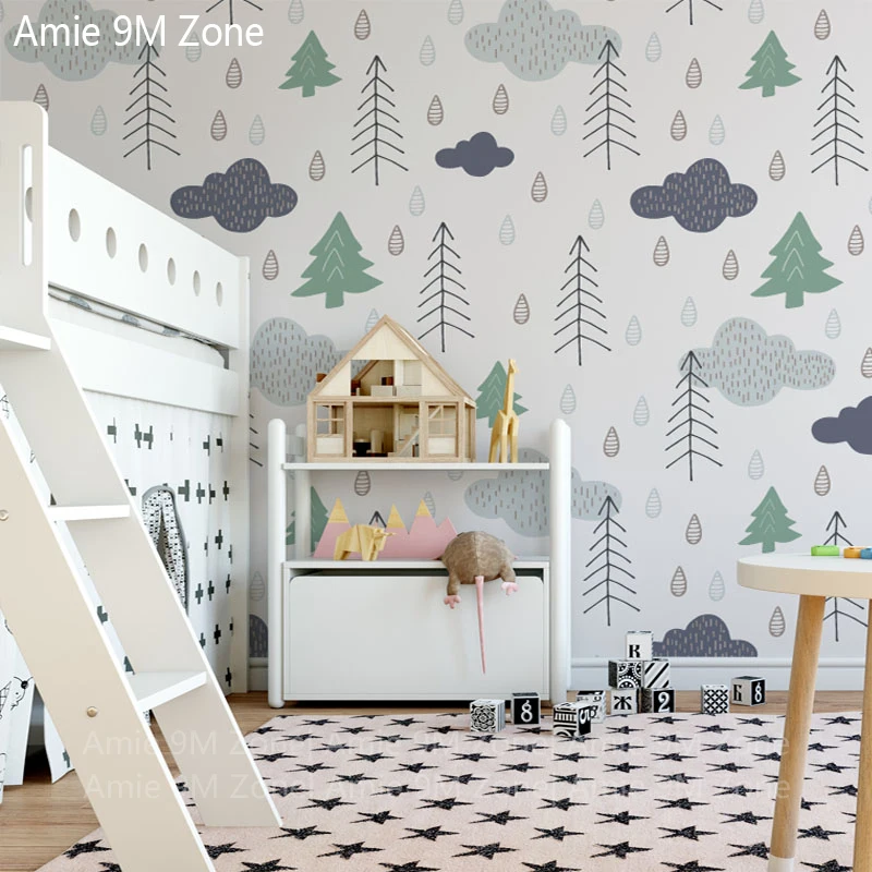 

Grey light cream color rain drop tree cloud custom 3D wall paper mural on the wall wholesale for kid's room wall decor