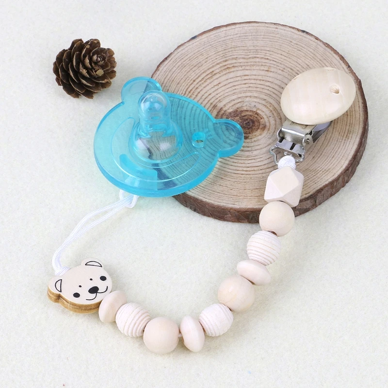 

NEW Baby Dummy Chain Wood Pacifier Clip Bear Head Bead Dummy Clip Infant Teether Toy anti-lost strollor chains