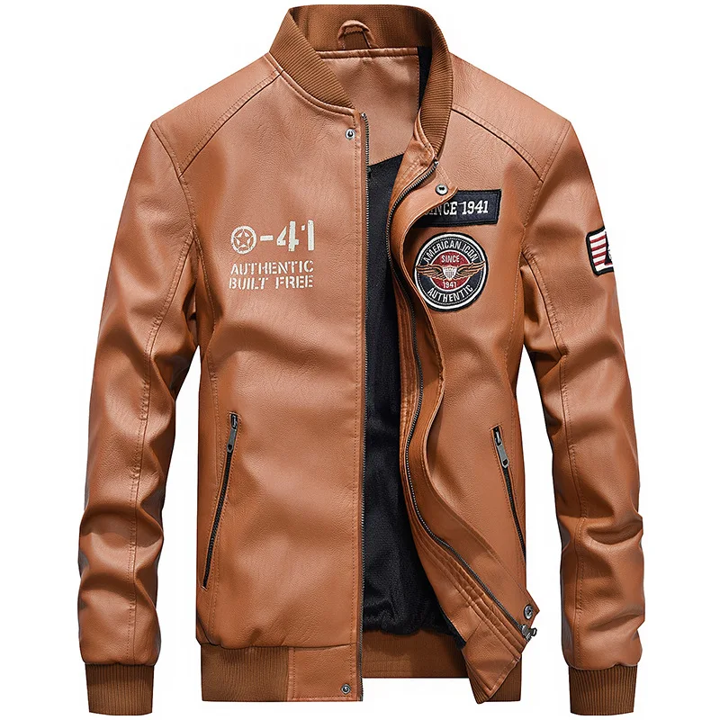 

Winter Men's Casual Bomber PU Leather Jacket Male Military Embroidery Baseball Jackets Motorcycle Pilot Luxury Fleece Coat Men