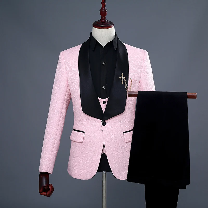 

Freeship mens shawl collar pink/red/white emboss tuxedo jacket with vest and pants/stage performance/studio suit/asia size