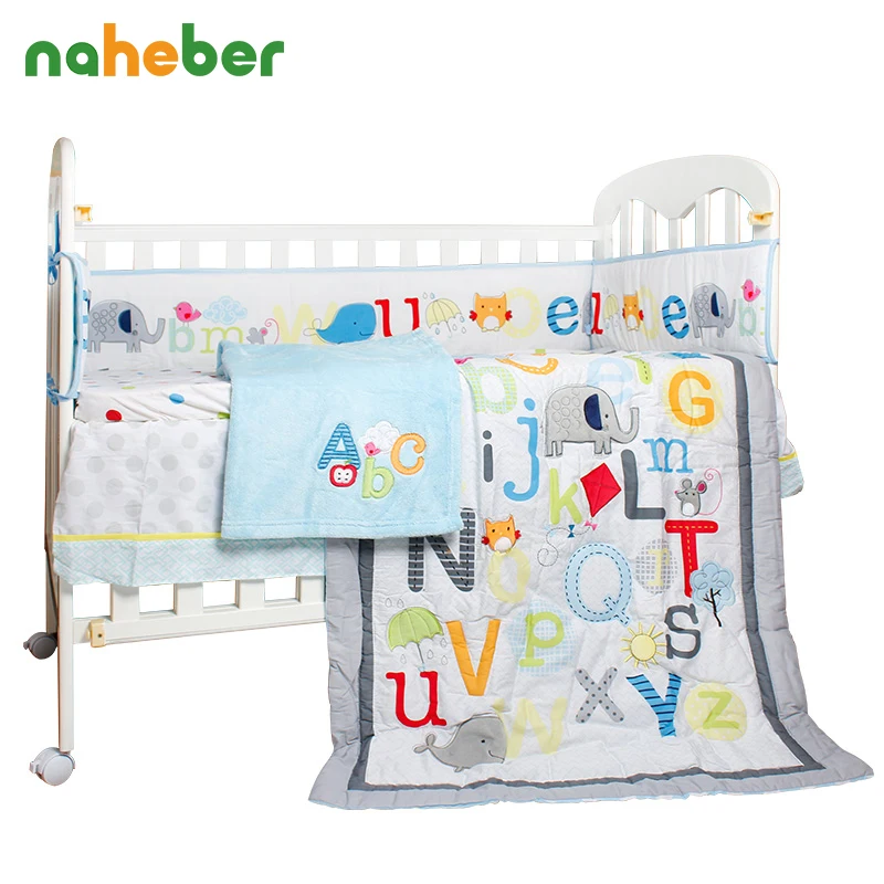 8pcs Baby Bedding Set Newborn Crib Bedding Cartoon Elephant Cotton Bumpers/Quilt/Fitted Sheet/Bed Skirt/Blanket for Cot
