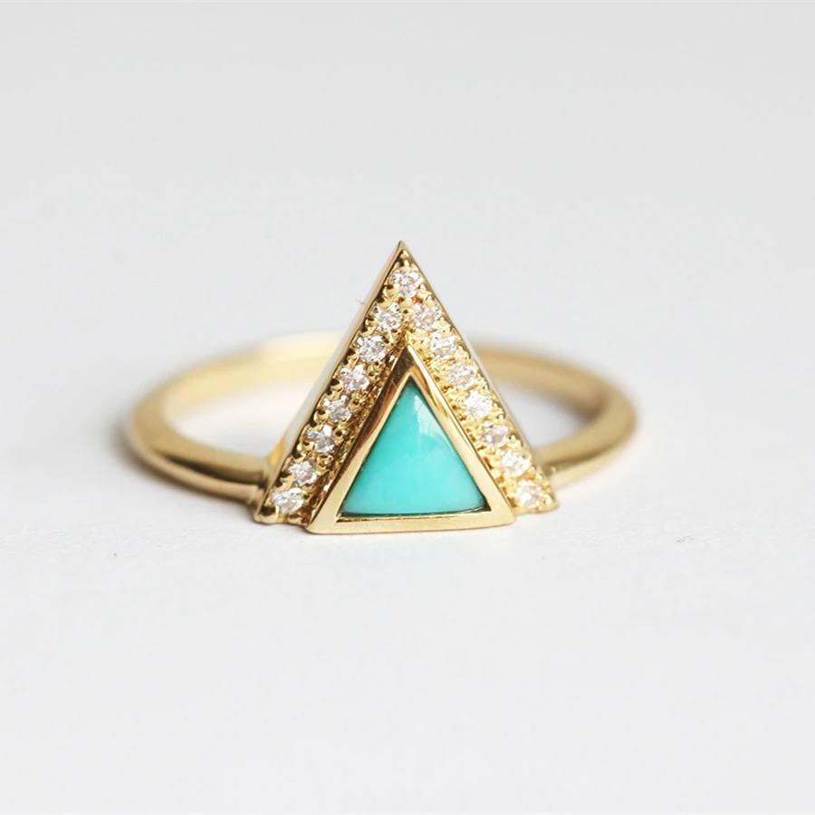 18k Yellow Gold Rings  For Women Turquoise  Ring  white topaz 