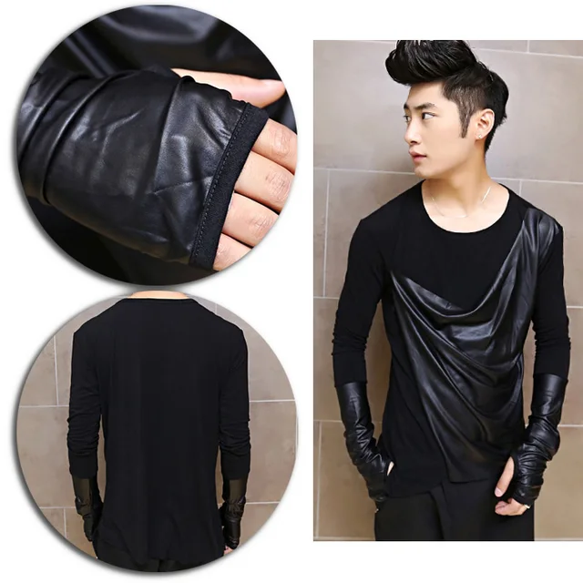 Mens Draped PU Leather Gloves Asymmetrical Splice Long Sleeve T shirt