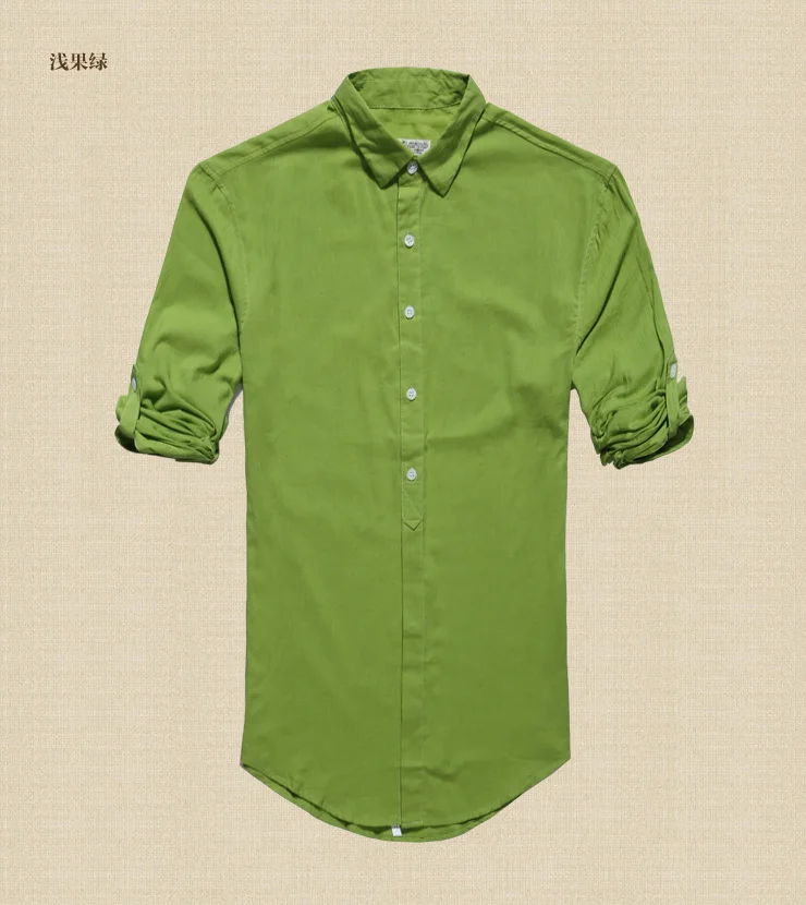 Мужские рубашки с длинным рукавом, деловая рубашка, брендовая Льняная мужская приталенная Повседневная однотонная льняная рубашка, Мужская цветная рубашка высокого качества S242 - Цвет: light fruit green