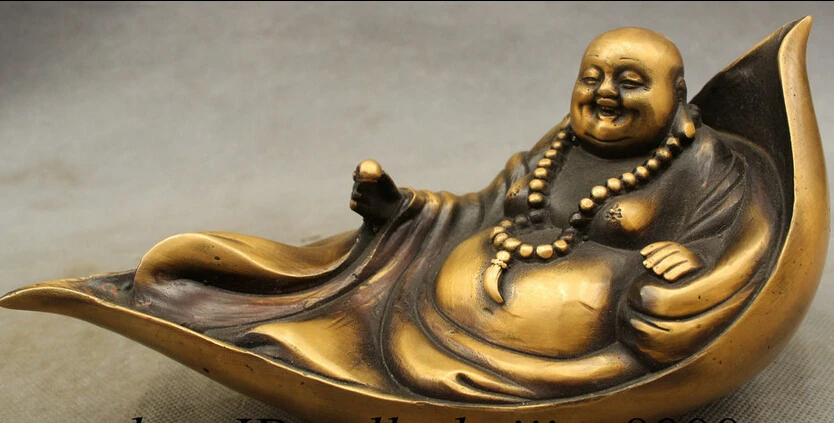 

JP S0114 9" Chinese Bronze Buddhism Happy Laugh Maitreya Buddha Ball Statue In Boat Leaf
