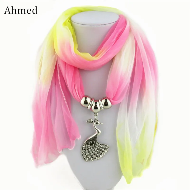 

Ahmed New Colorful Rhinestone Alloy Peacock Pendant Bali Yarn Scarf Necklace for Women Fashion Collar Statement Necklace Jewelry