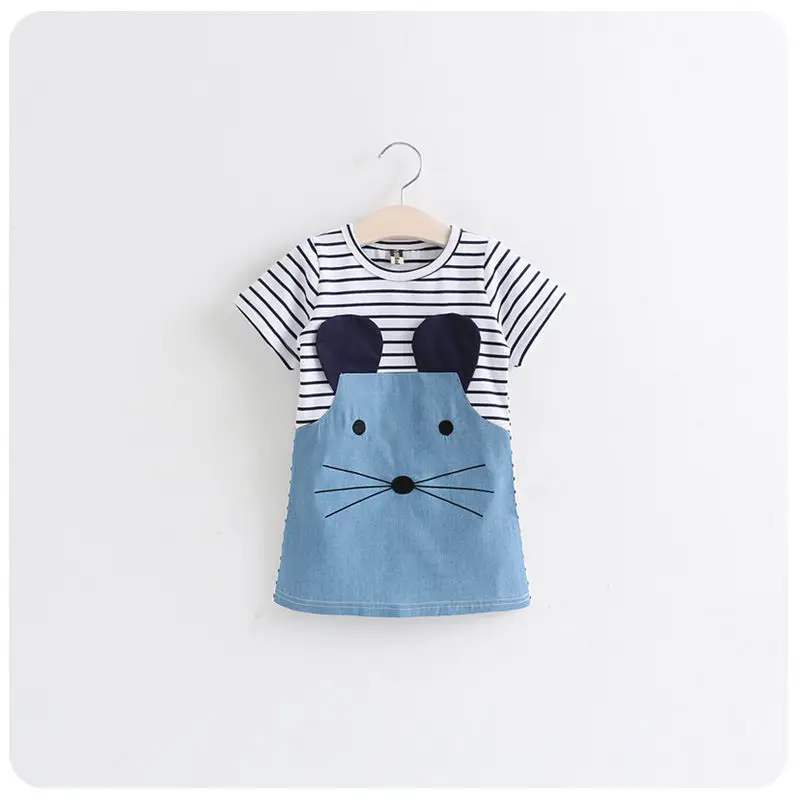 

Striped Patchwork Character Girl Dresses Clothes Long Sleeve Cute Mouse Children Clothing Kids Girls Dress Denim Kids Clothes