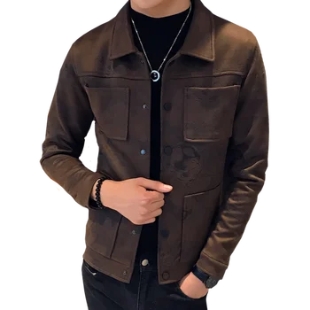 

2018 New men's british style vintage design Lapel short Suede jacket Big Pocket casual multi-pocket frock outerwear Coats
