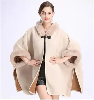 

2018 autumn and winter new imitation Rex Rabbit Fur collar hooded cardigan fashion temperament thin line shawl cloak jacket