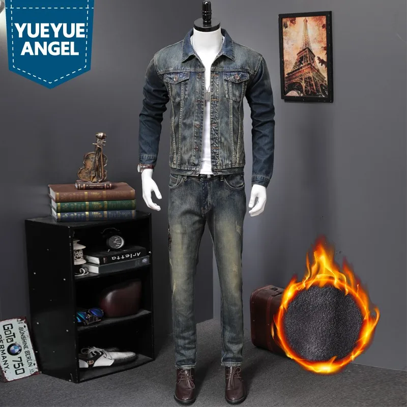 

Fashion New Winter Warm Men Set Vintage Slim Embroidery Punk Long Sleeve Jaqueta Masculina Denim Pant Man 2 Piece Set Plus Size
