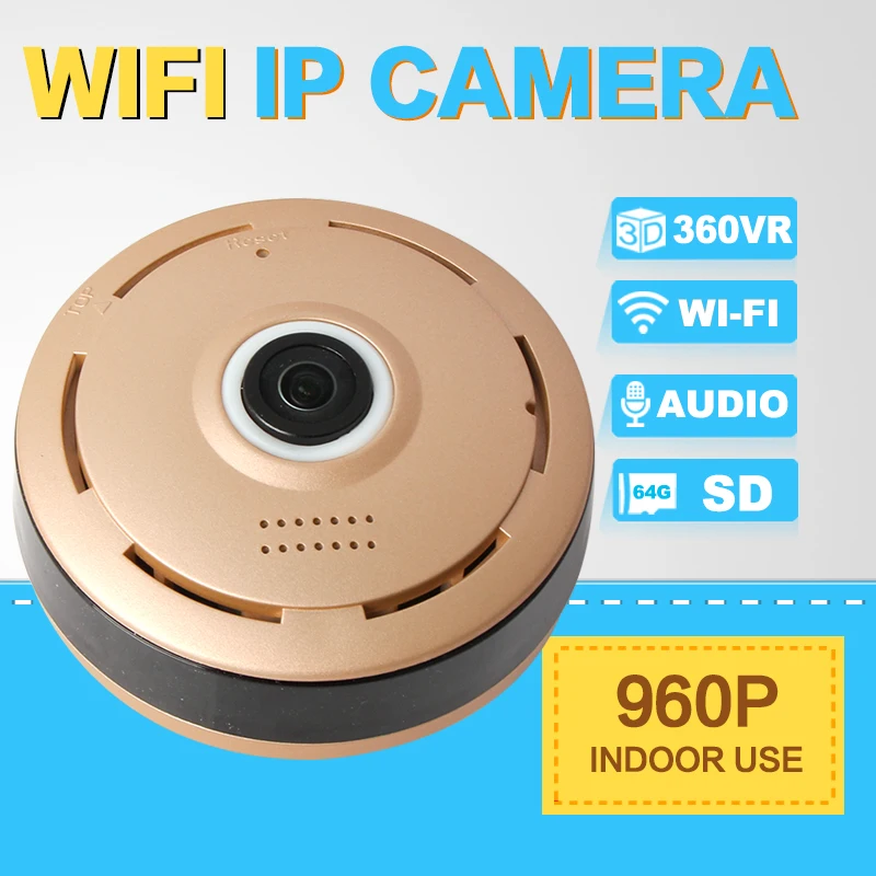

SHRXY 360 Degree Smart IPC Mini Wireless IP Fisheye Camera Two Way Audio P2P 960P HD Security Wifi Camera Golden Color