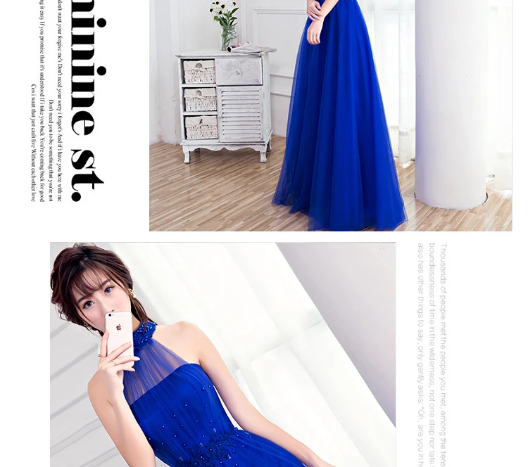 Floor Length Halter Dress Beaded Long Prom Dress Blue Champagne Sleeveless Evening Dress Appliques Lace Up Prom Dresses FD28