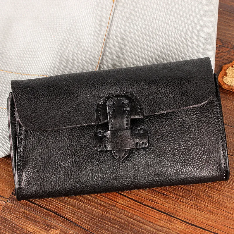 PNDME retro simple handmade genuine leather ladies clutch bag waterproof soft cowhide multi card women party wallet female purse