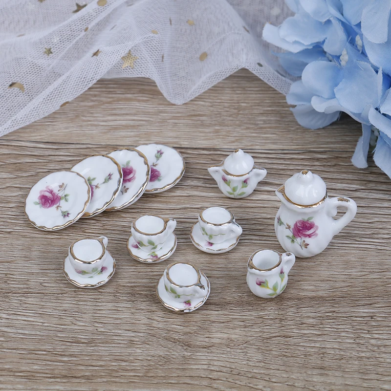 

15PCS Miniature pink Flower Patten Porcelain Coffee Tea Cups Ceramic Tableware Dollhouse Kitchen Accessories 1/12