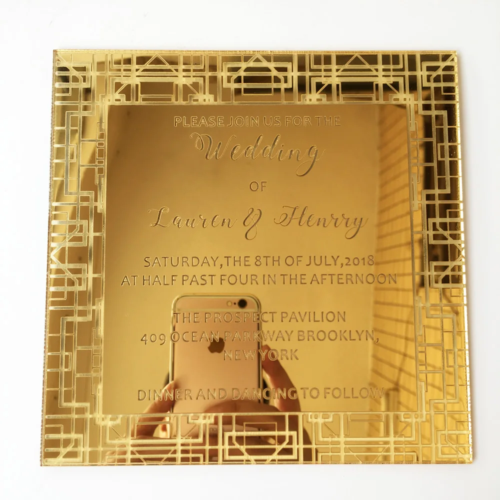  Personalised 150x150mm Square Shape Golden Mirror Acrylic Wedding Invitation Card Set 100 Sets Per  - 32828536279