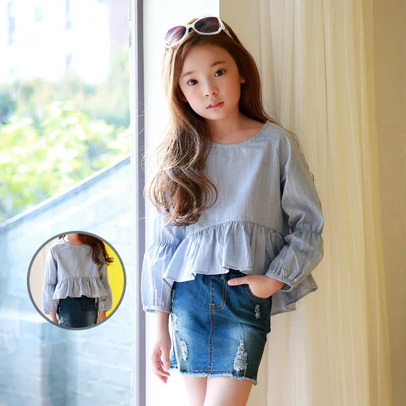 ruffles teenage little girl blouse for girls long sleeve shirts tops