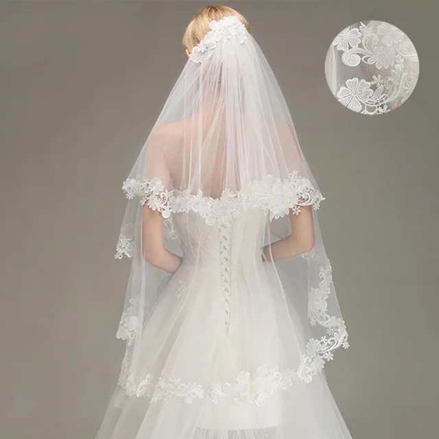 Two Layers Lace Edge Elbow Wedding Veil With Comb Short Bridal Veil White Ivory voile mariage Bride Wedding Accessories