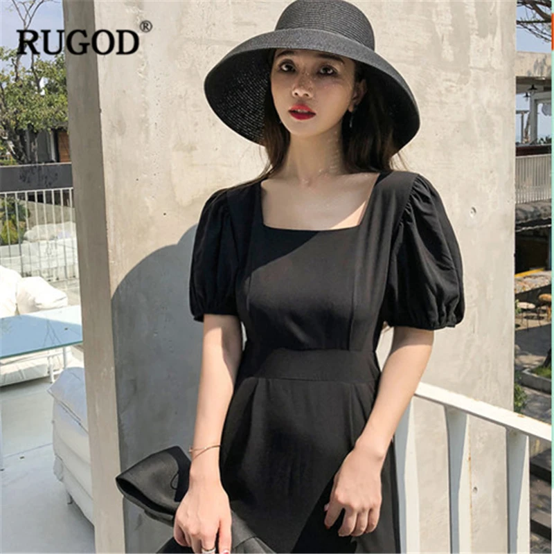 RUGOD/ Новое поступление, женское однотонное платье с квадратным вырезом, короткие пышные рукава, Туника трапециевидной формы, тонкий Vestidos, Летний темперамент, Mujer